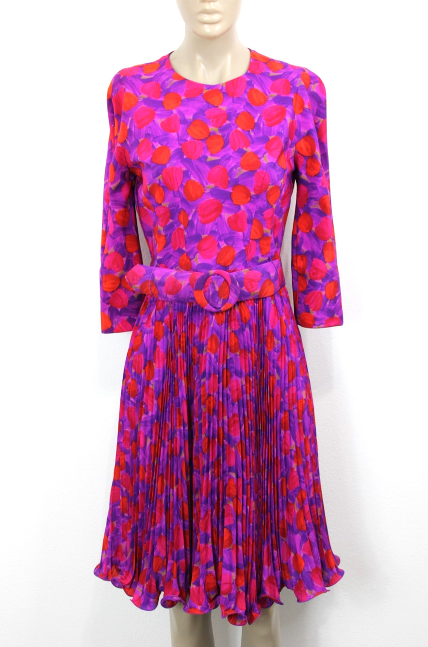 Vintage 80s Arnold Scaasi Floral Pleated Belted Silk Lined Dress Size 6